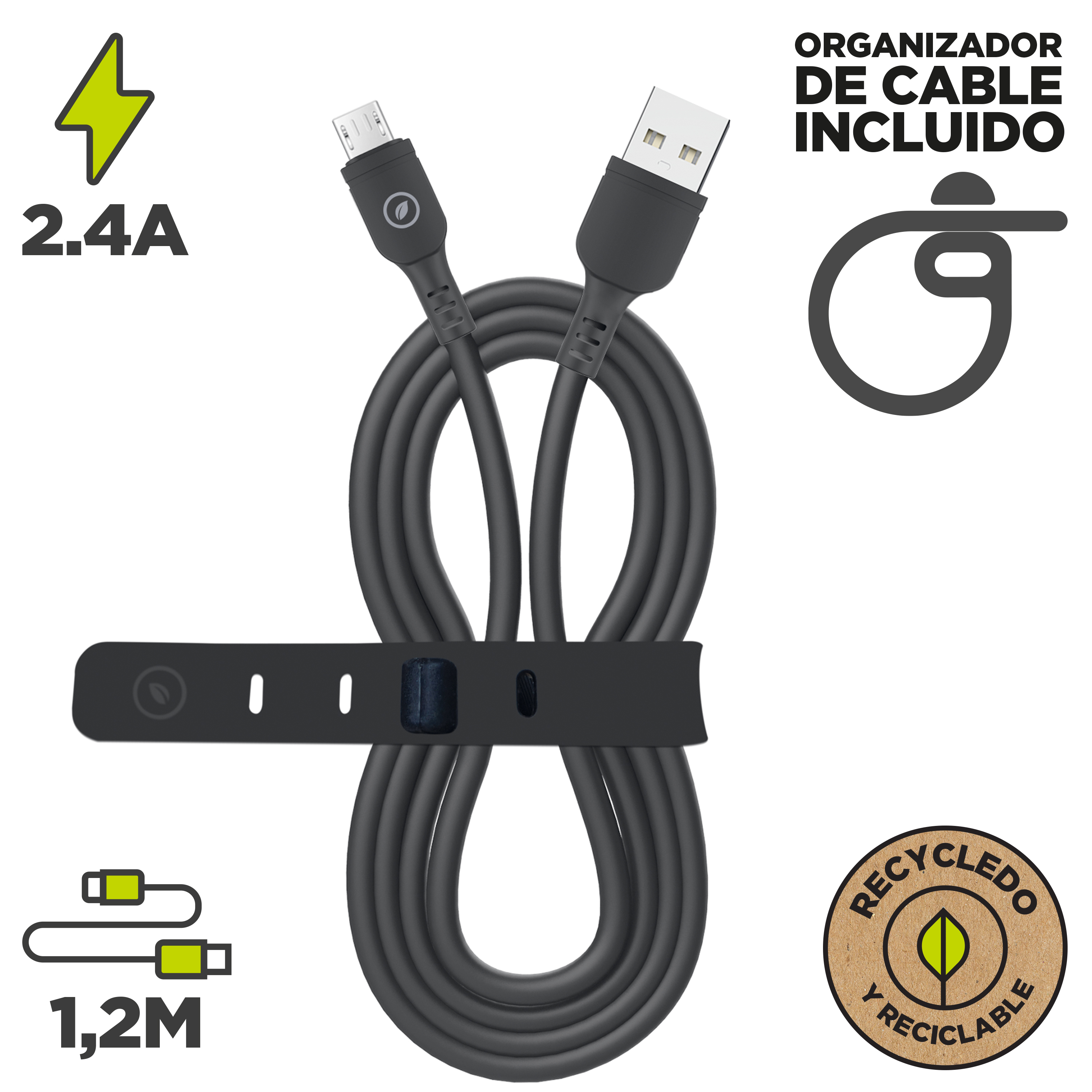 Un cavo USB grigio, con un cinturino nero. Testo: 2.4A, 1.2M e Riciclato e riciclabile.