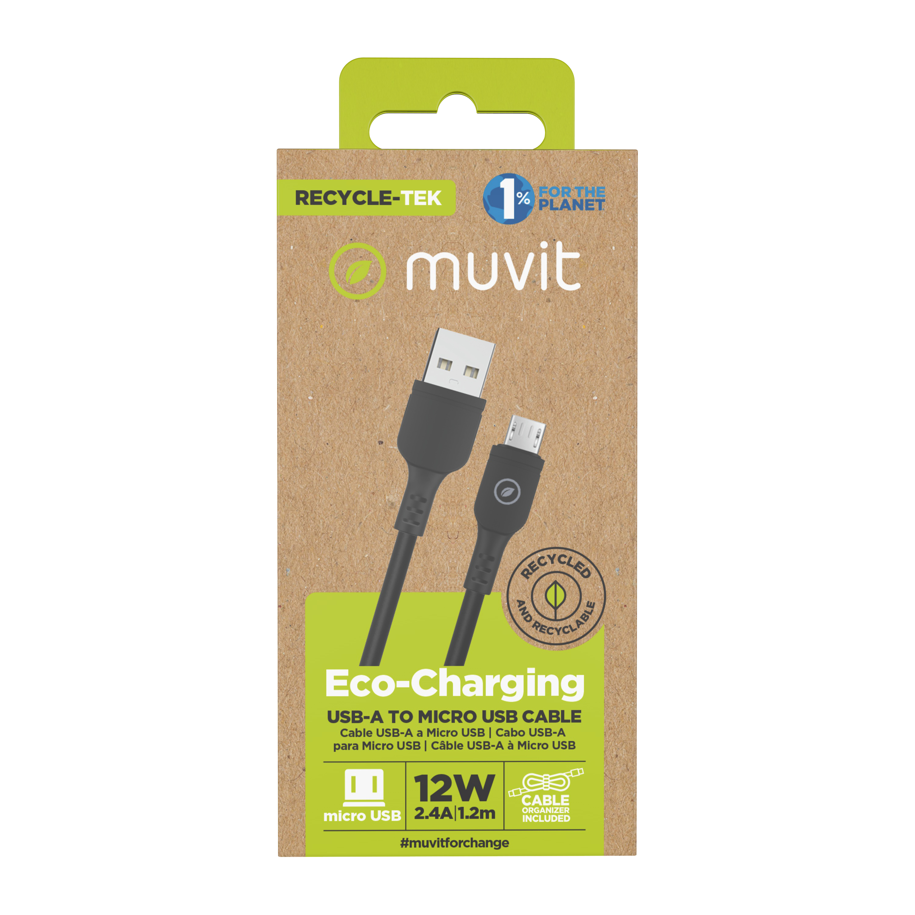 Una scatola con un cavo USB. Il testo dice: Eco-Charging, Cavo USB-A a Micro USB, 12W, 2.4A, 1.2m.