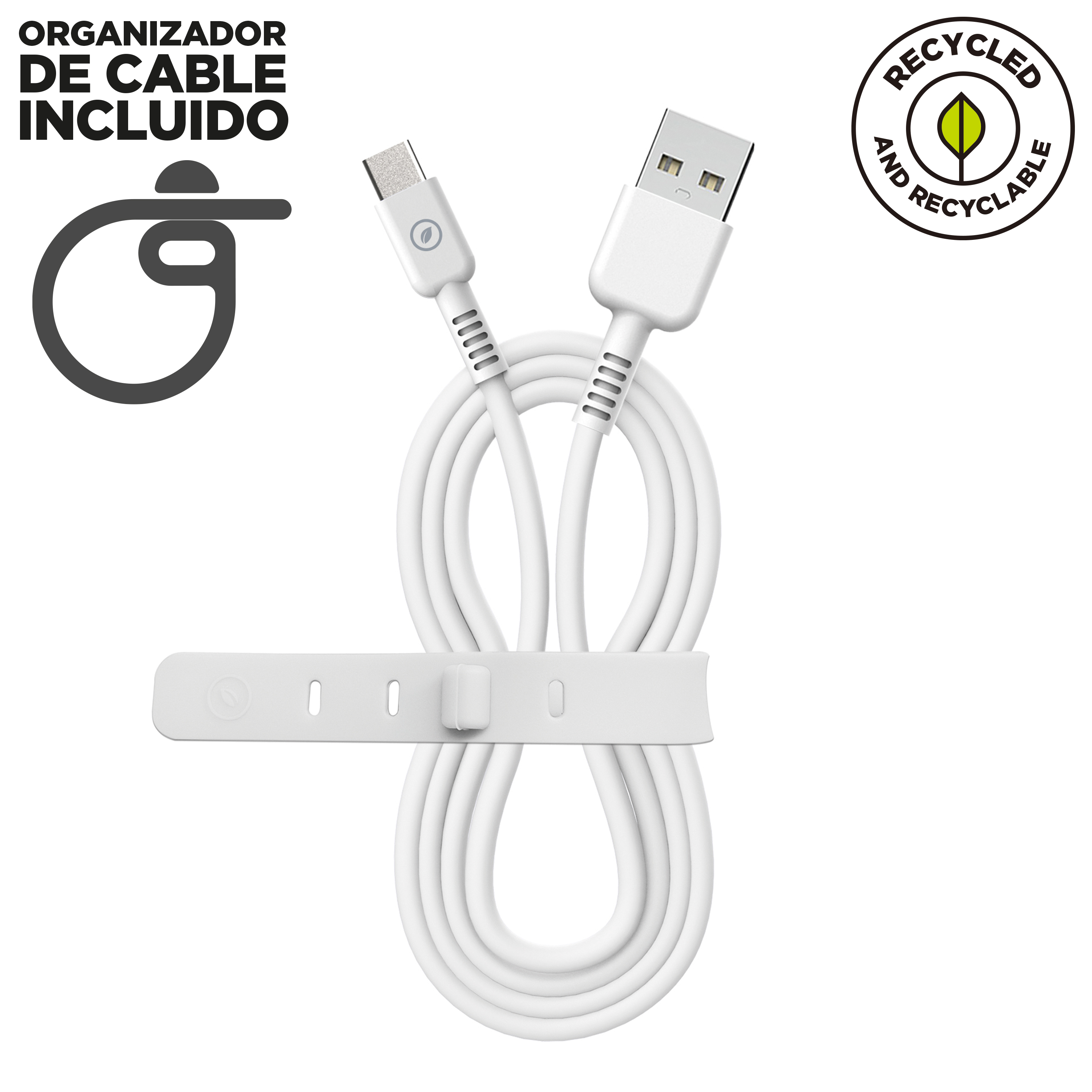 Un cavo USB bianco con organizer. Logo riciclato e riciclabile.