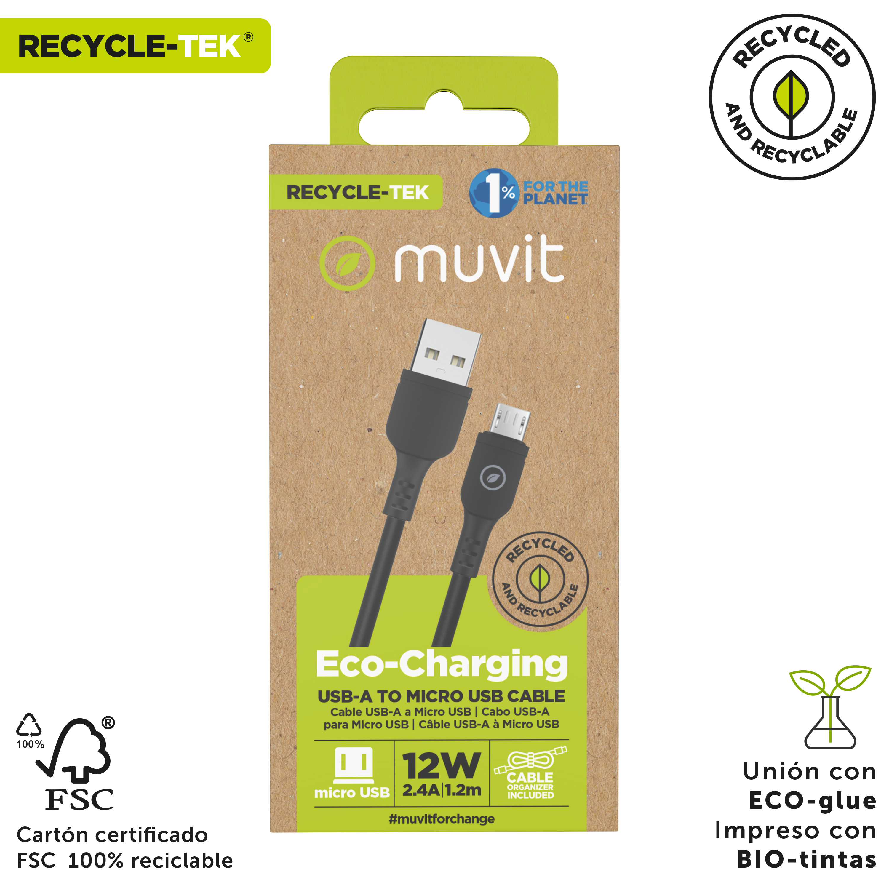 Confezione di cavo USB con cavo nero all'interno. La confezione ha etichette ecologiche.