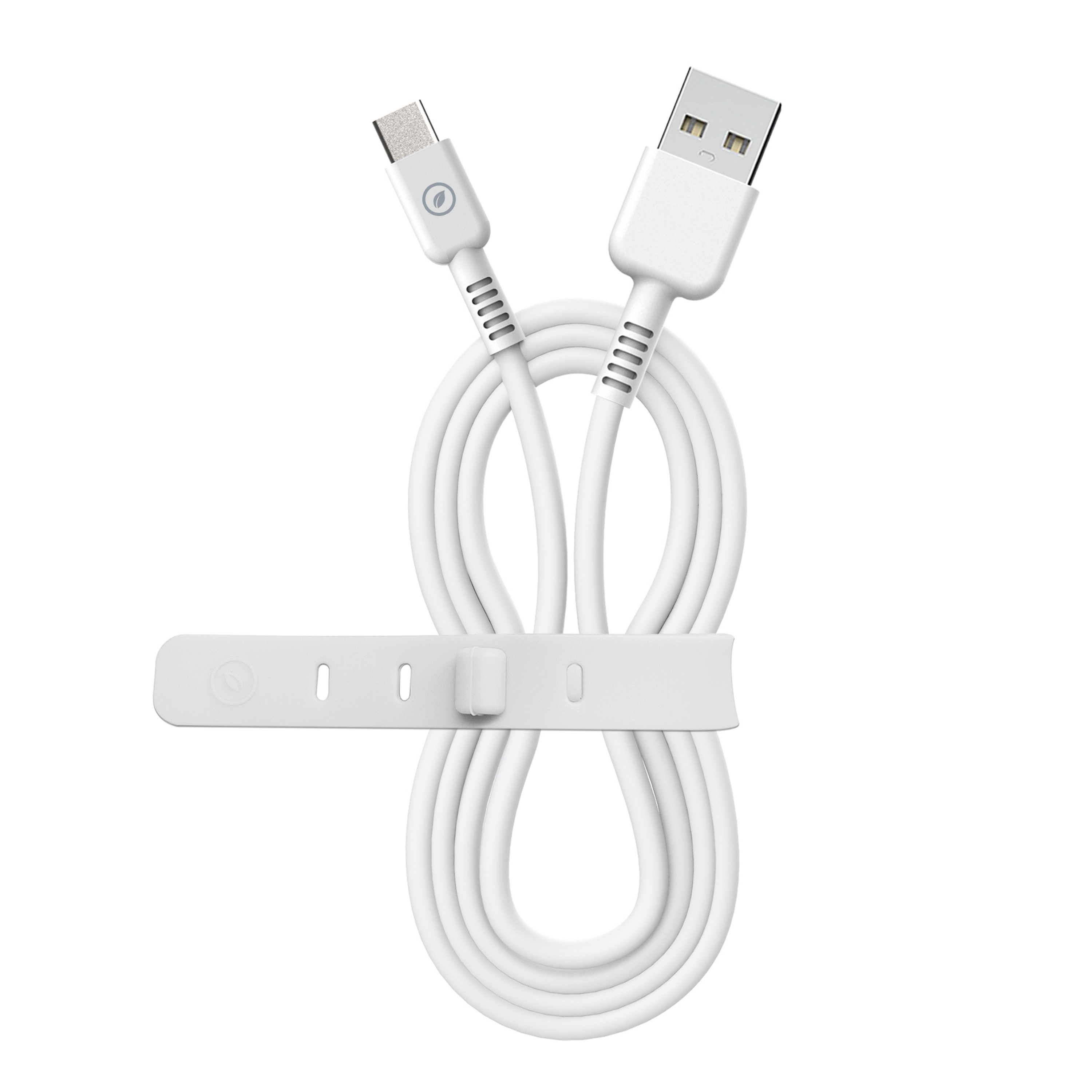 Cavo USB bianco con cinturino bianco. Sfondo bianco.