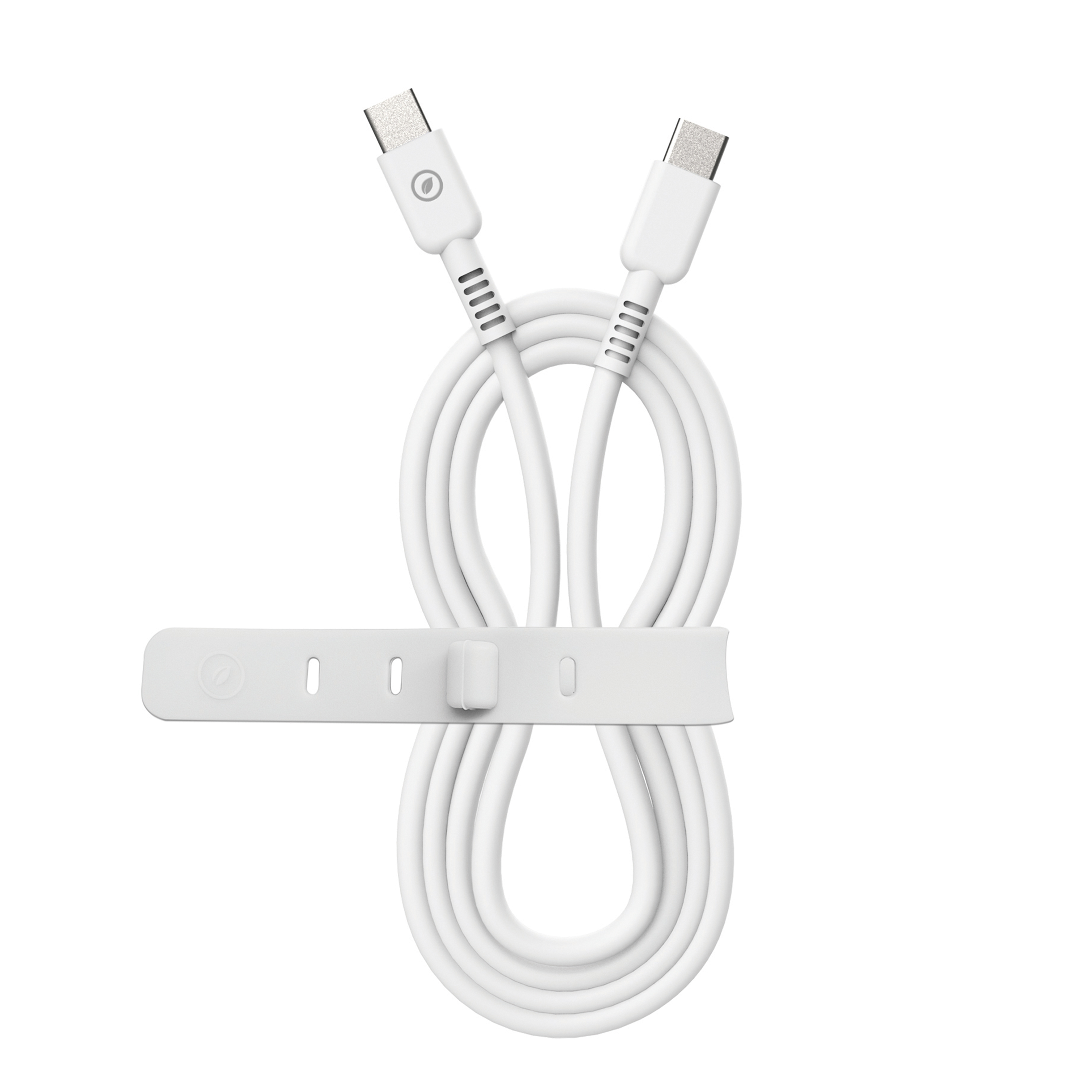 Cavo USB-C bianco, con cinturino bianco. Sfondo bianco.