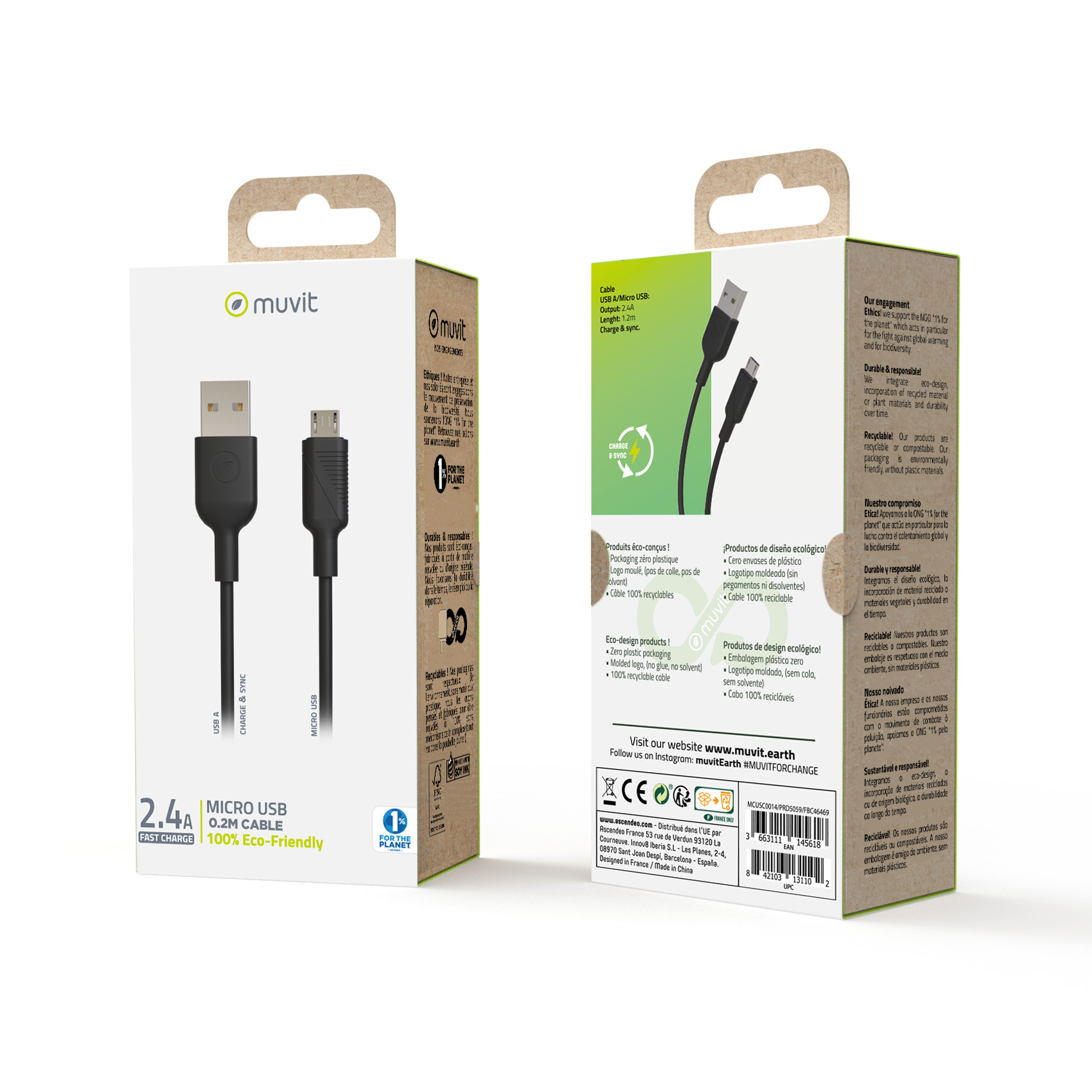 Un paquete de cable USB. El paquete es blanco y negro. Menciona 100% ecológico.