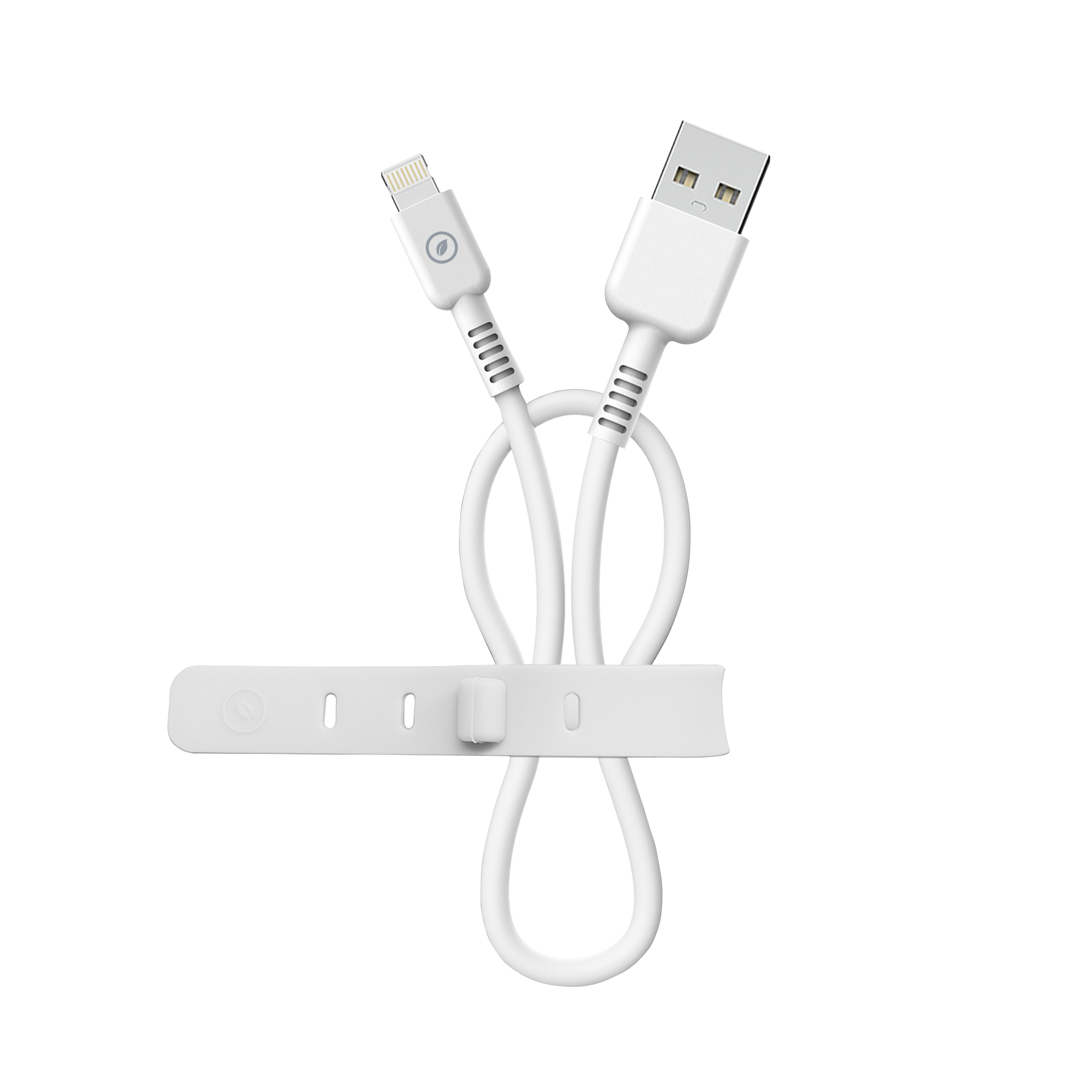 Cable de carga blanco con una correa blanca. Hay un logo en la parte superior izquierda y derecha.