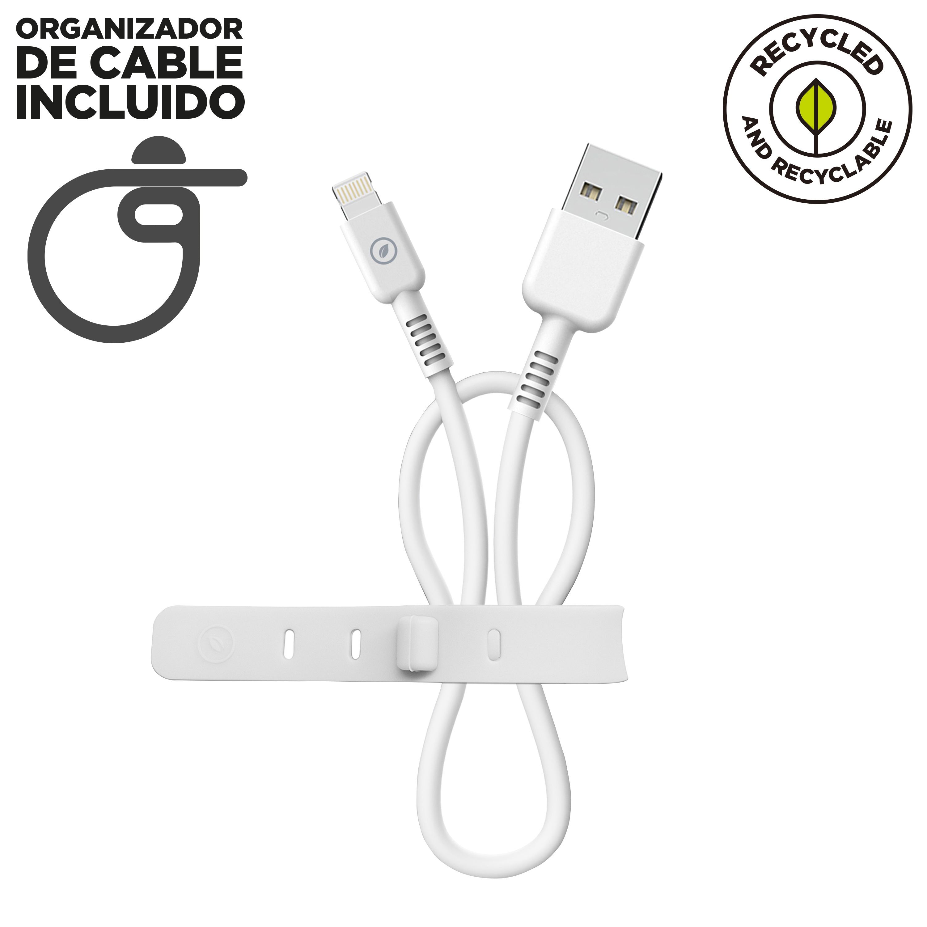 Cable USB blanco con conector blanco y correa blanca. Fondo blanco. Organizador incluido.