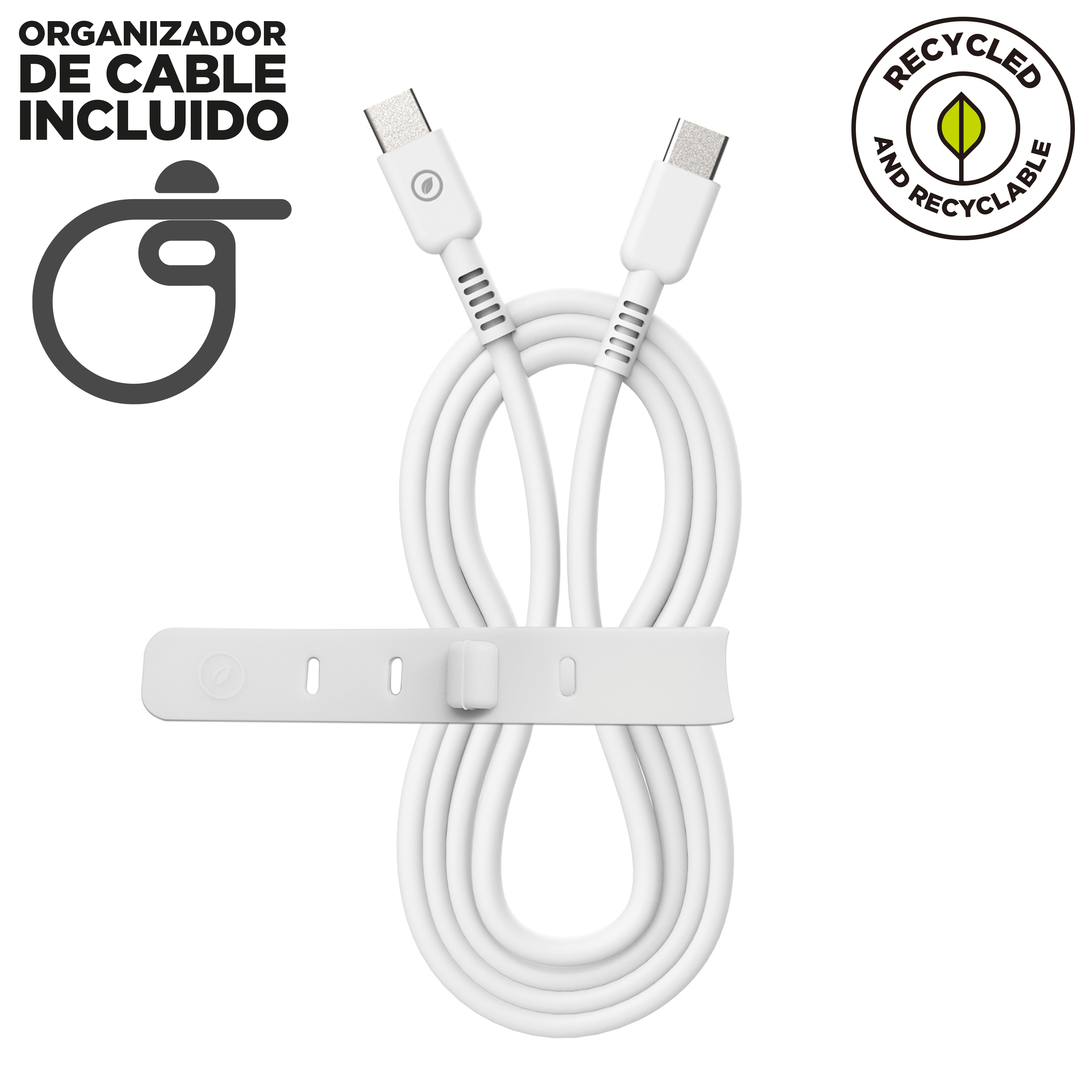 Cavo di ricarica bianco con cinturino bianco e logo a sinistra. Il logo della foglia è a destra.