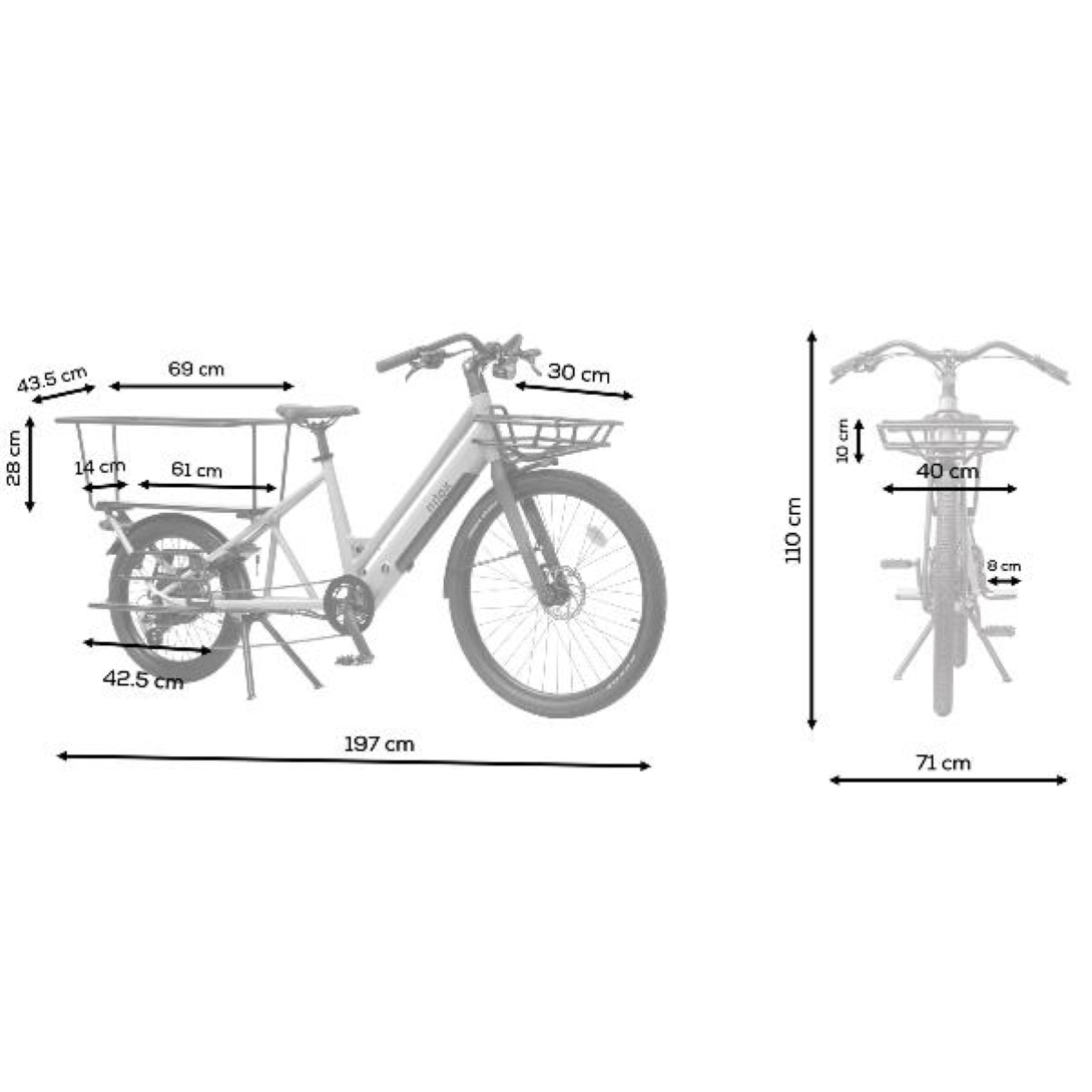Una bici da carico con dimensioni etichettate, telaio nero, corpo grigio e ruote nere, con cesto.