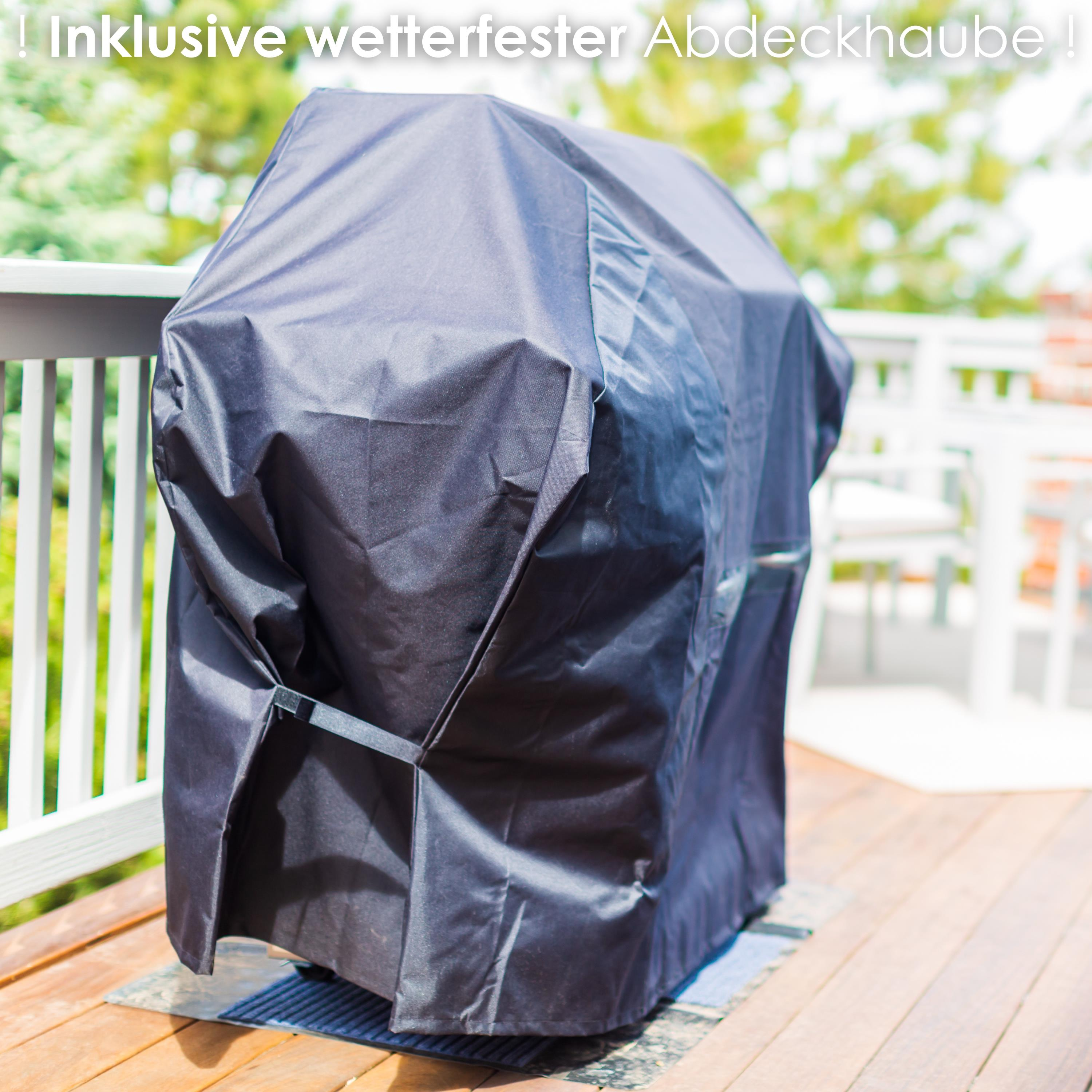 Eine schwarze Abdeckung auf einem Grill auf einem Holzdeck, mit Text über eine wetterfeste Abdeckung.