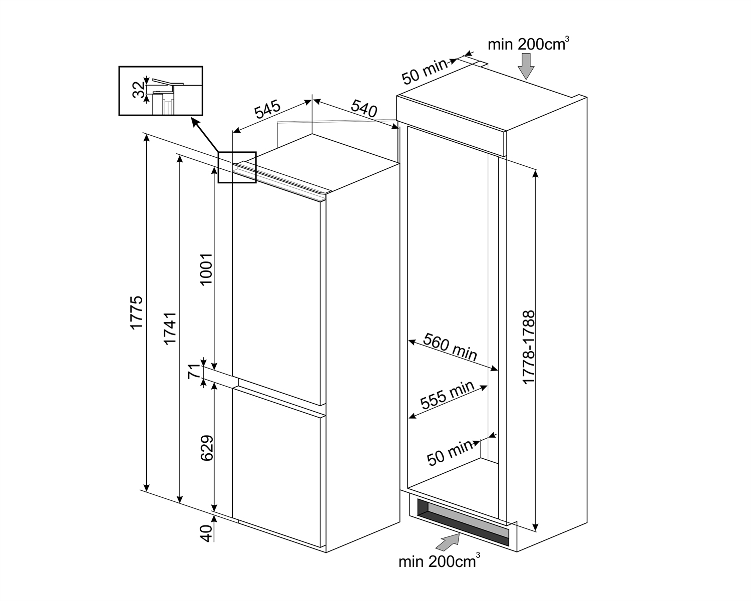 Szczegółowy rysunek techniczny lodówki, pokazujący wymiary i elementy wewnętrzne.