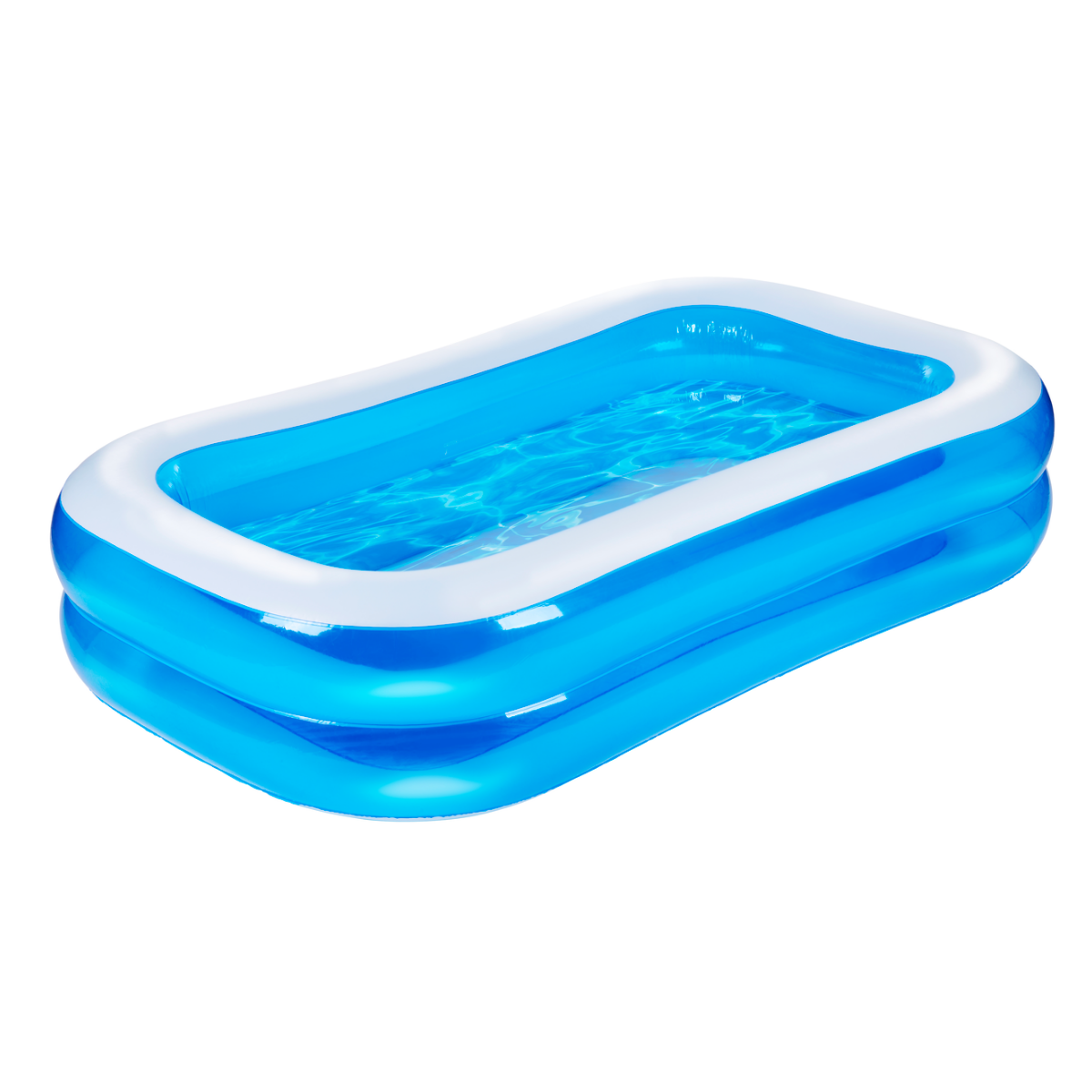 Blauw en witte opblaasbare rechthoekige zwembad gevuld met water.