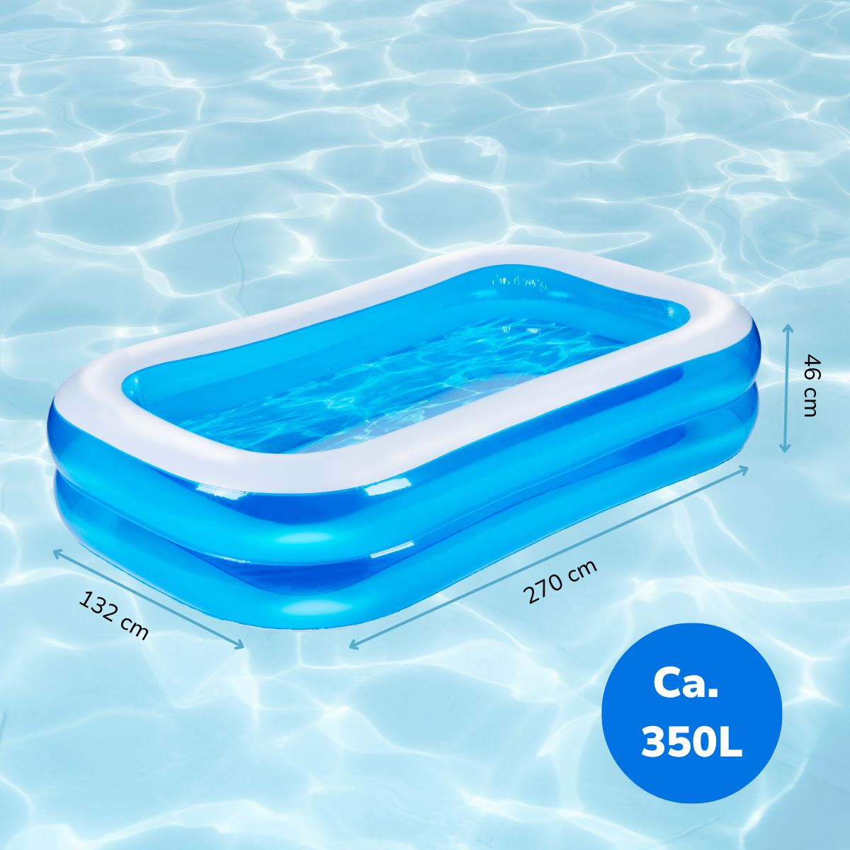 Rechthoekig blauw en wit opblaasbaar zwembad met afmetingen en volume.