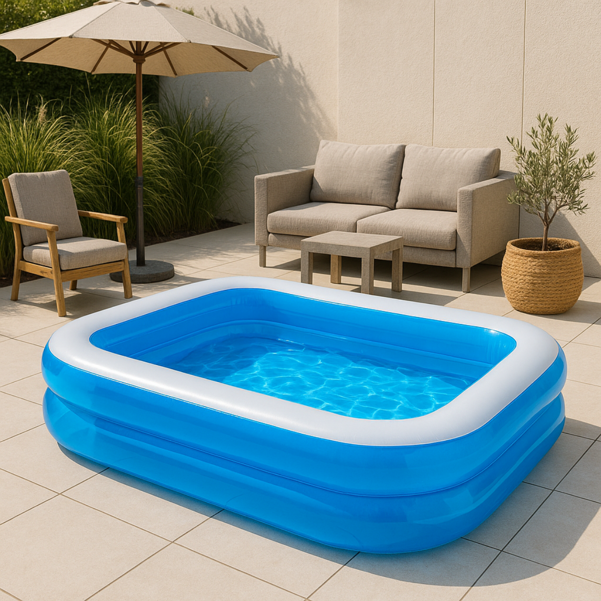 Blauw en wit opblaasbaar zwembad op terras, met parasol en tuinmeubilair.