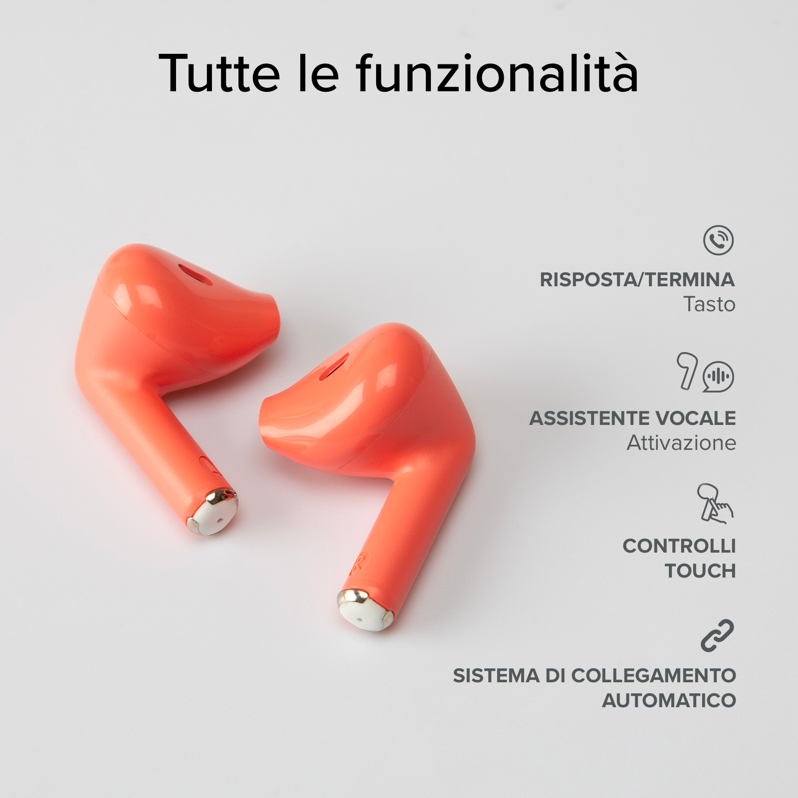 Dwie pomarańczowe słuchawki. Wyświetlane funkcje: odbieranie/kończenie, asystent głosowy, sterowanie dotykowe i automatyczne połączenie.