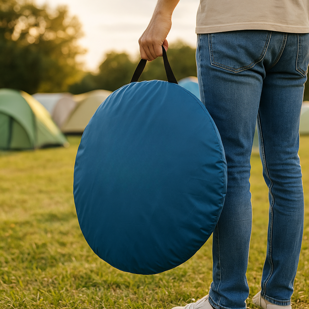 Persoon houdt een opgevouwen blauwe tent vast. Ze dragen een spijkerbroek en een t-shirt. Andere tenten op de achtergrond.