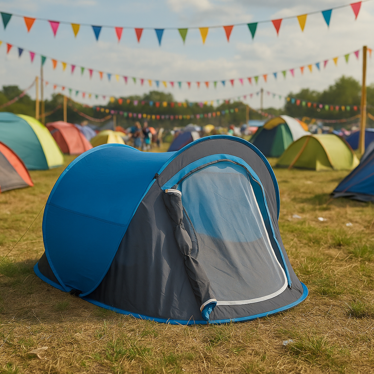 Een blauwe en grijze pop-up tent in een veld. Andere tenten en vlaggen op de achtergrond.