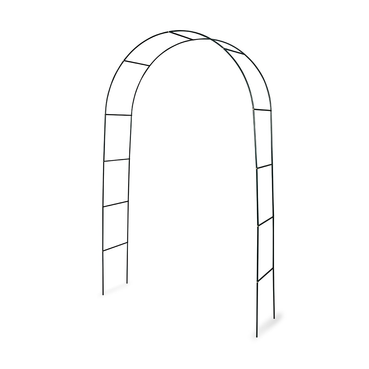 A black metal garden archway. It has a curved top and vertical support bars.