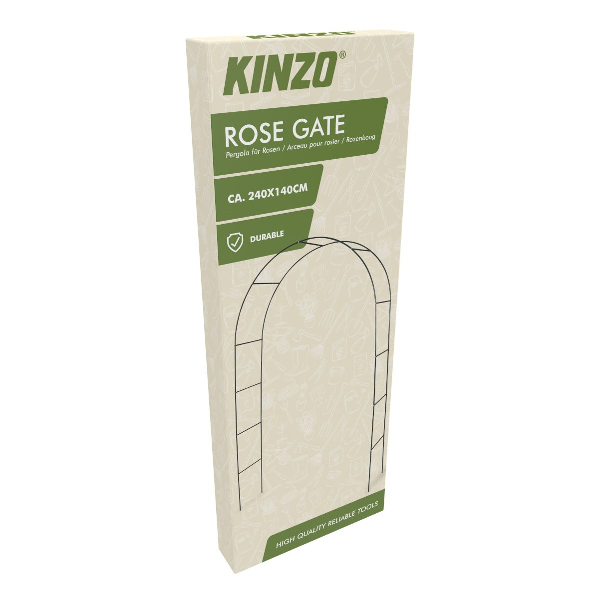 A box of a rose gate. Text on the box, including the brand name and dimensions. White background.