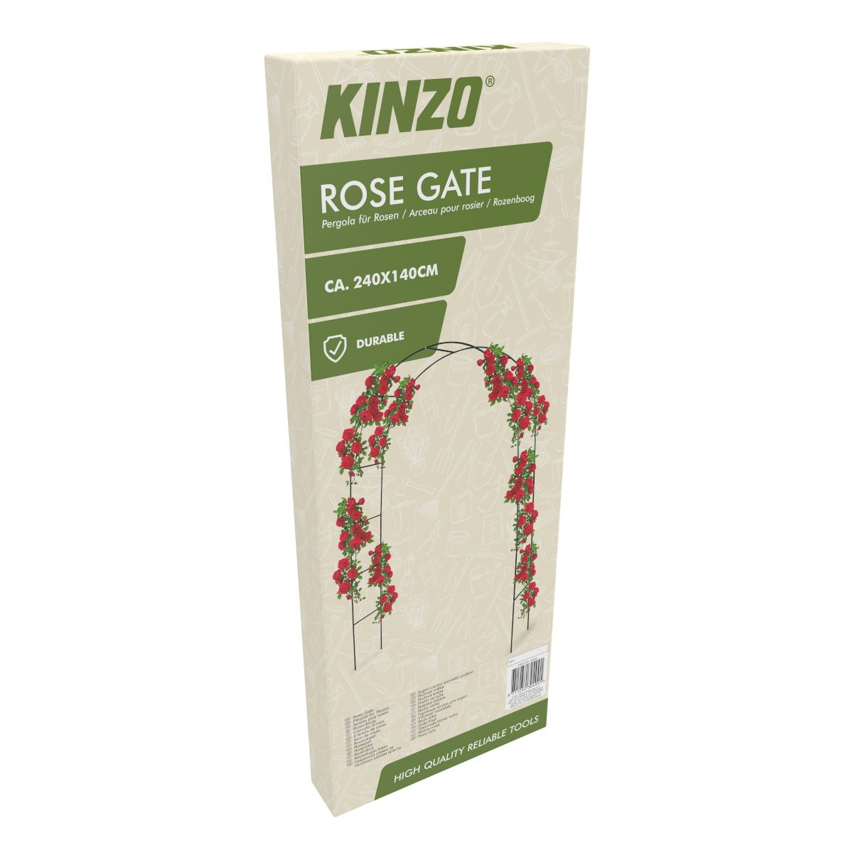 A box of a rose gate. A drawing of a rose gate is on the box. White background.
