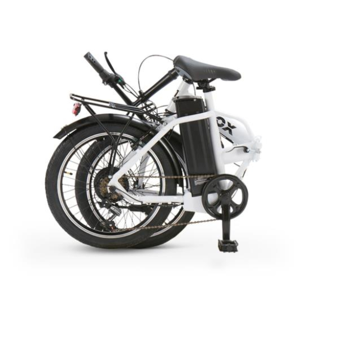 Biały składany rower elektryczny z czarnymi elementami, kołami i akumulatorem.