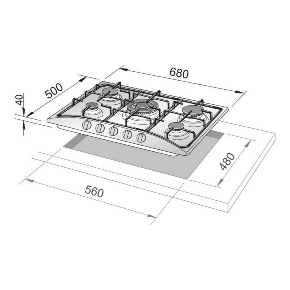 Un diagramma di un piano cottura. Ha cinque bruciatori e sono indicate le dimensioni.
