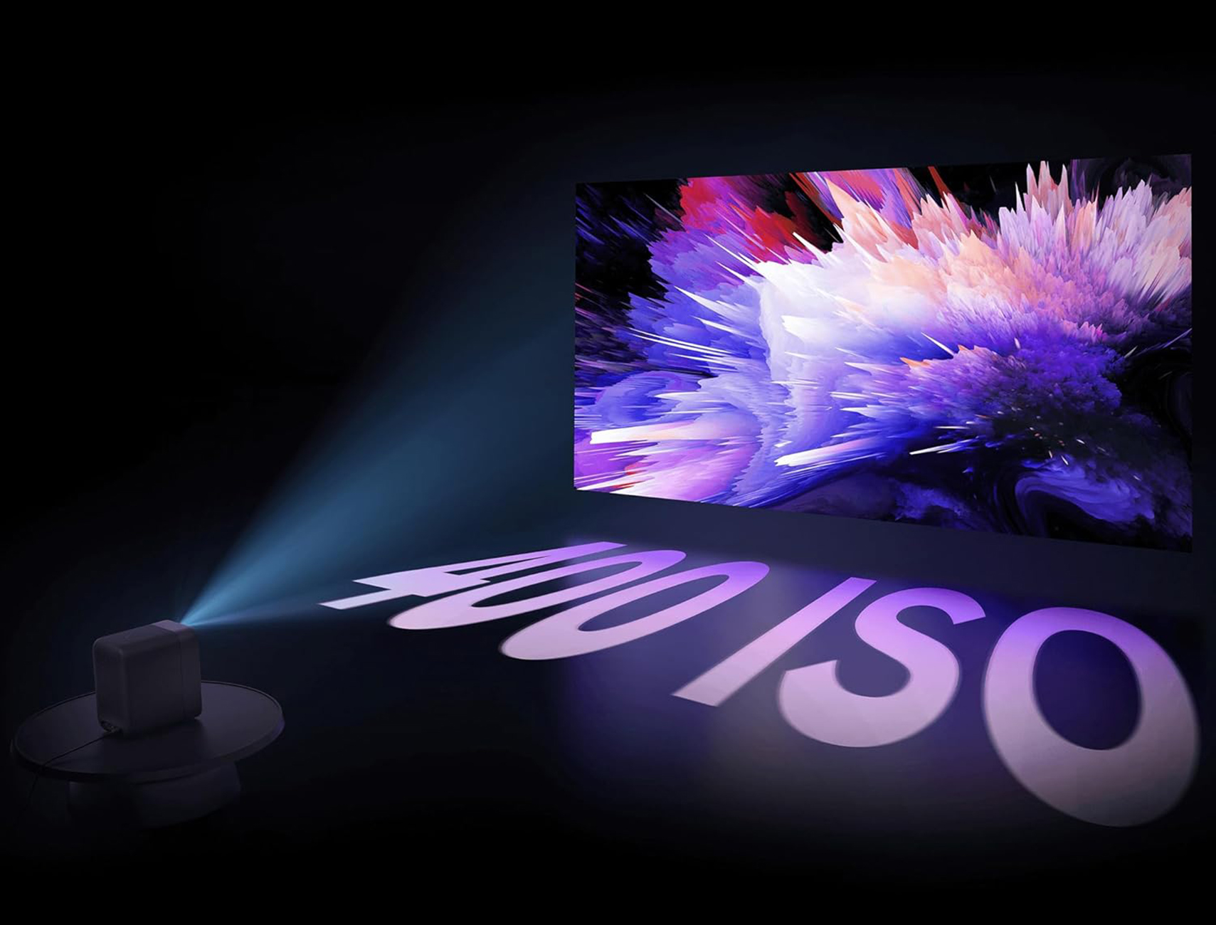 Projektor wyświetla kolorowy obraz na ekranie. Tekst '400/ISO' jest wyświetlany.