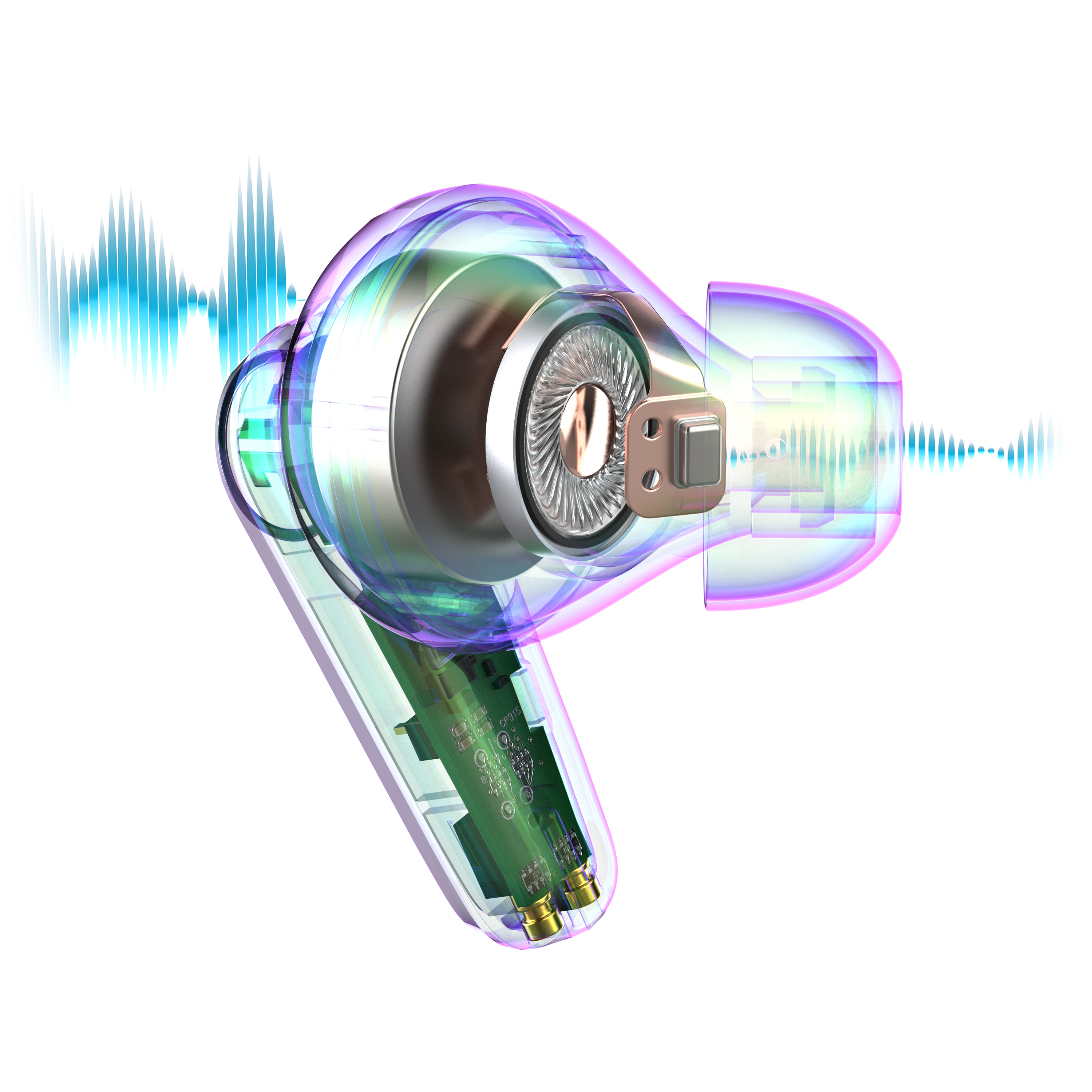 Auricolari trasparenti con componenti interni visibili. Onde sonore visualizzate sullo sfondo.