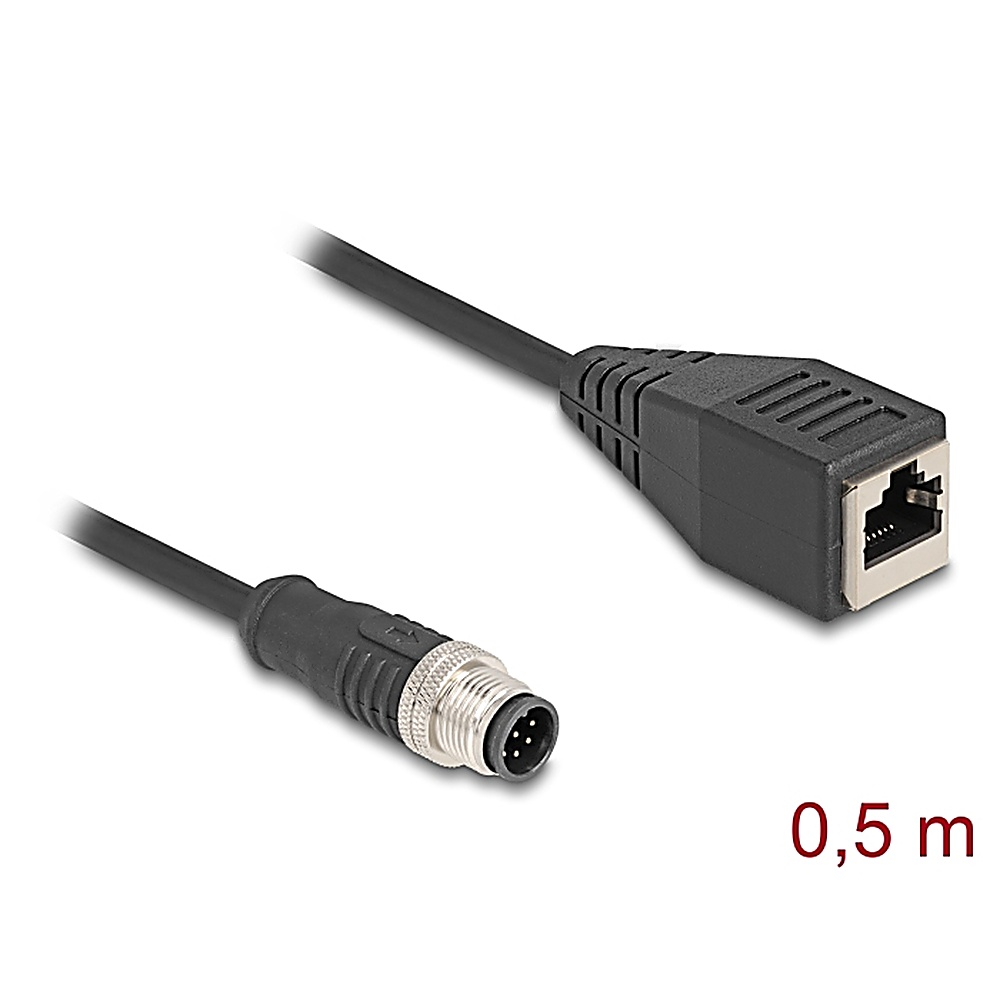 Cavo nero con connettore rotondo e RJ45. Sfondo bianco. Testo: 0,5 m.