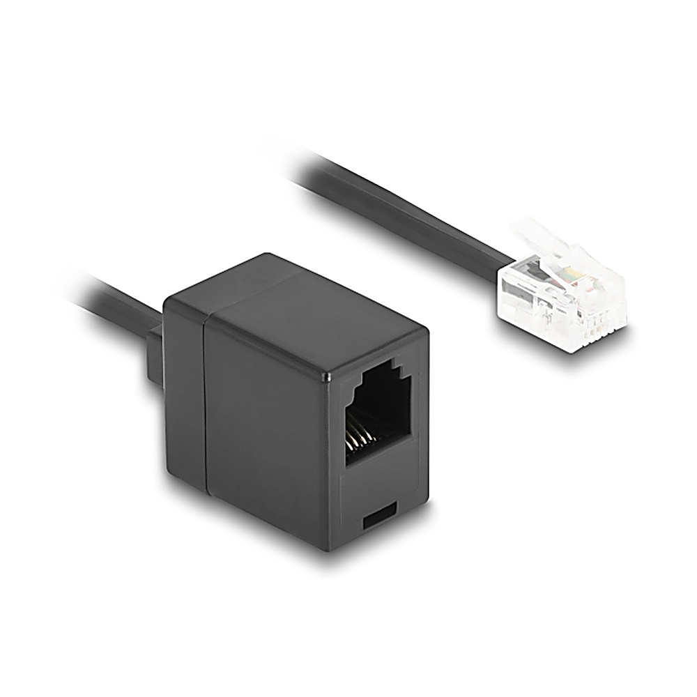 Adattatore nero con porta RJ45 e connettore per linea telefonica, entrambi rivolti verso l'esterno.