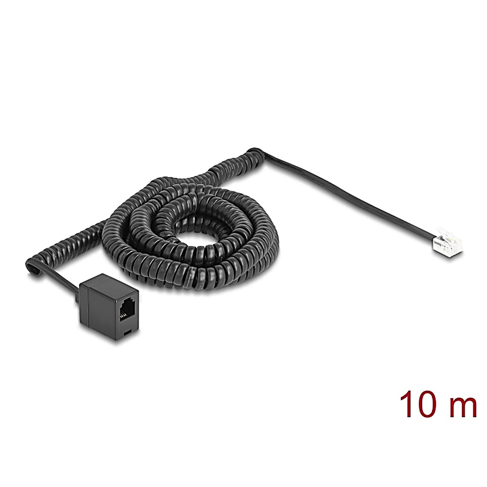 Cavo a spirale nero con connettore RJ45 e piccolo connettore bianco. Testo 10 m. Sfondo bianco.
