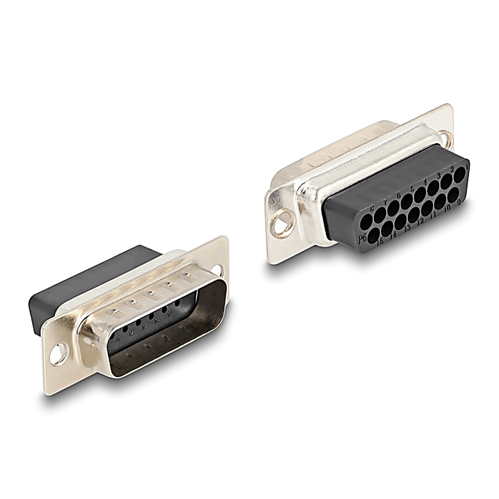 Due connettori DB15 argentati con inserti neri su sfondo bianco.
