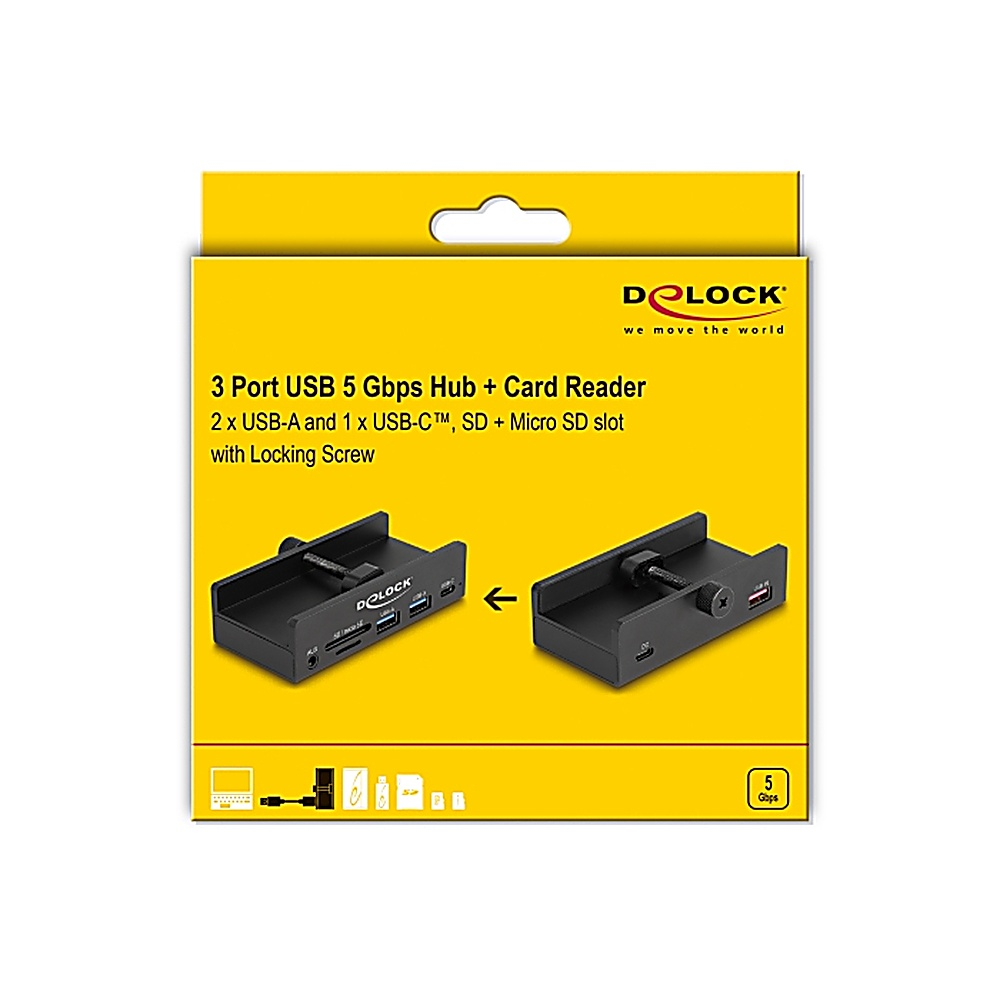 Una scatola gialla con un hub USB nero e un lettore di schede. Testo: Hub 3 porte USB 5 Gbps + Lettore di schede.