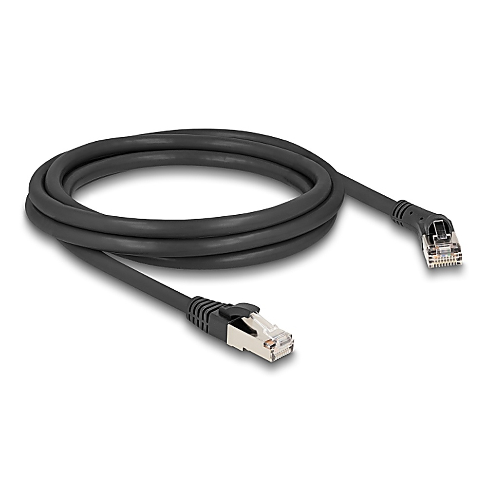 Un cavo Ethernet grigio con connettori su entrambe le estremità. Un'estremità è angolata.