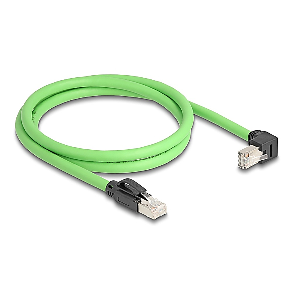 Cavo Ethernet verde con connettori neri e argentati. Un connettore è angolato.