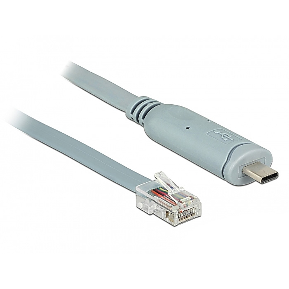 Un cavo grigio chiaro con un connettore USB-C e un connettore RJ45.