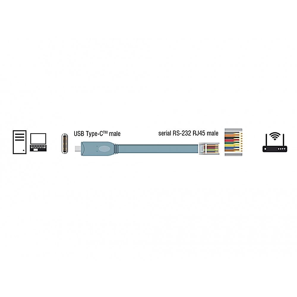 Schema dei collegamenti dei cavi. Mostra un computer, un USB Type-C maschio e seriale RS-232 RJ45 maschio a un router.