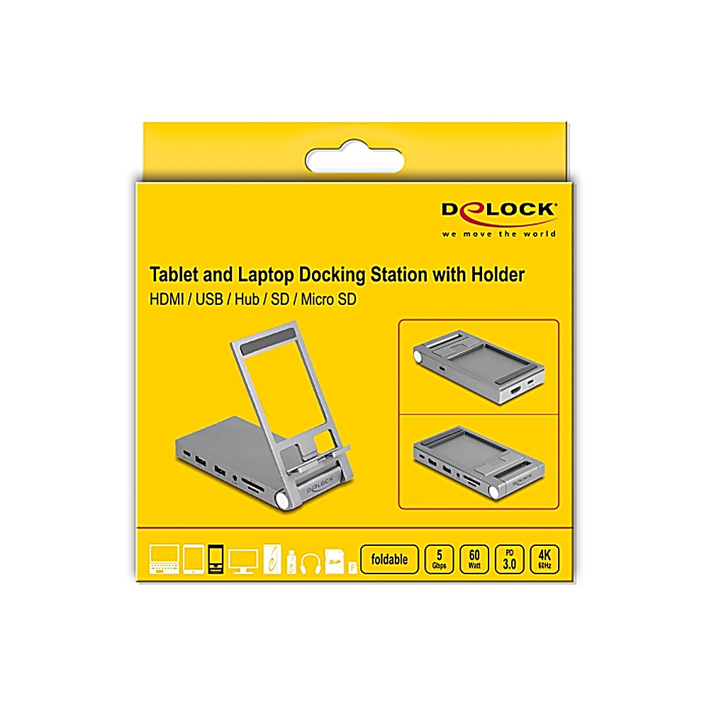Scatola gialla con docking station e supporto, porte USB e slot Micro SD.