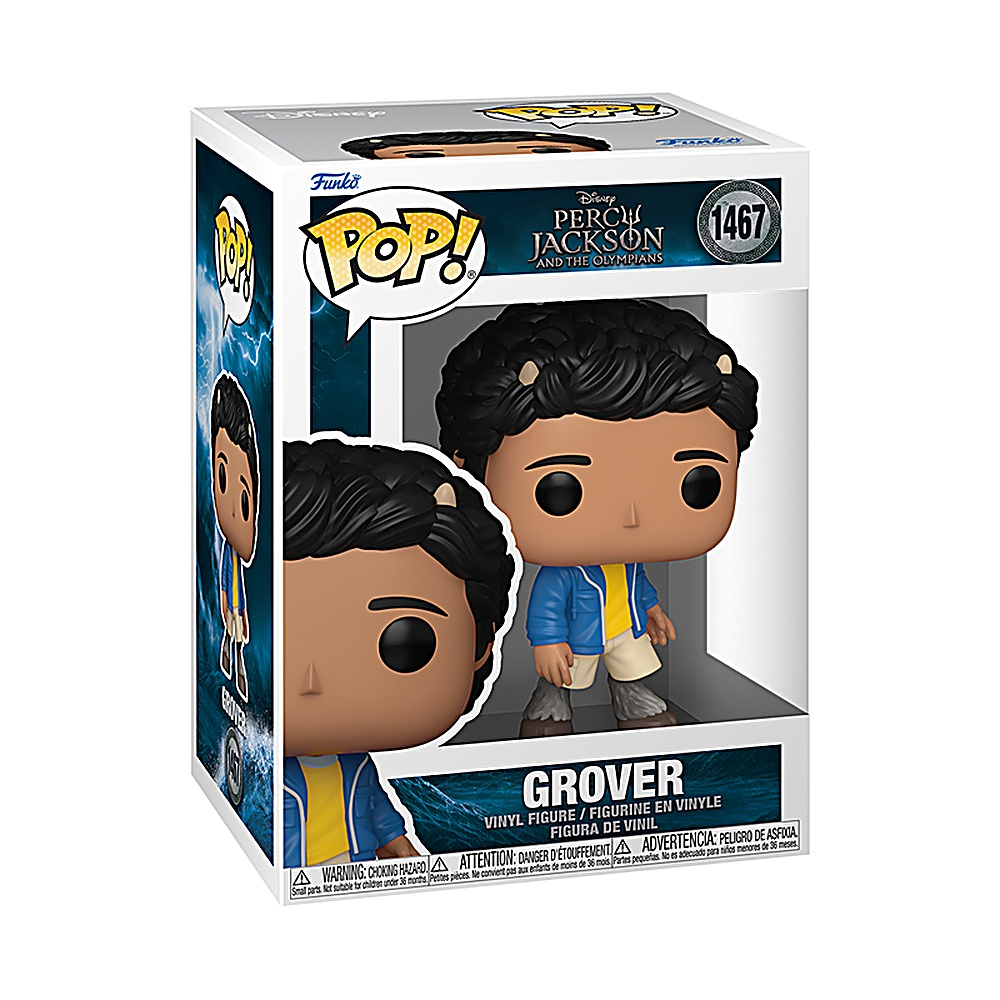 Pudełko Funko Pop dla Grovera, postaci z Percy'ego Jacksona, w niebieskiej kurtce i szortach.