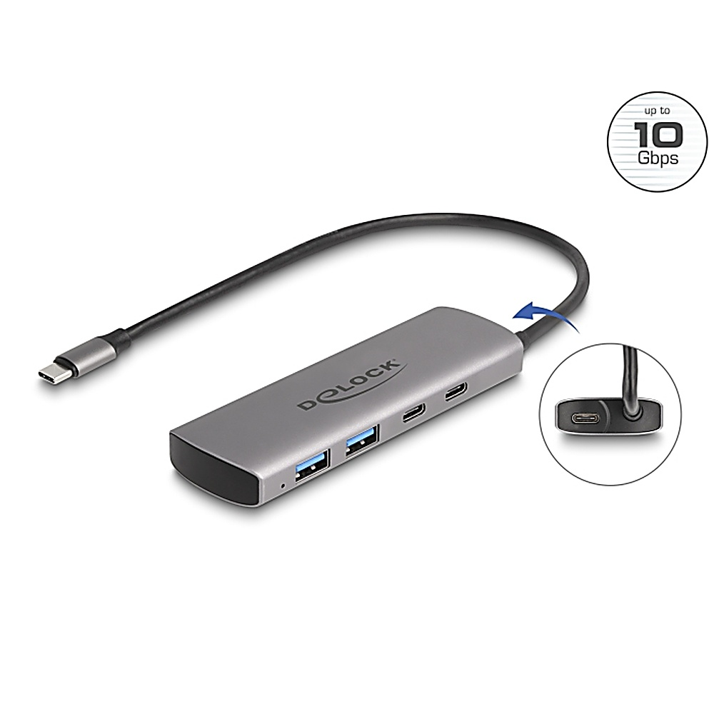 Hub USB-C grigio con porte USB e USB-C e cavo USB-C collegato.