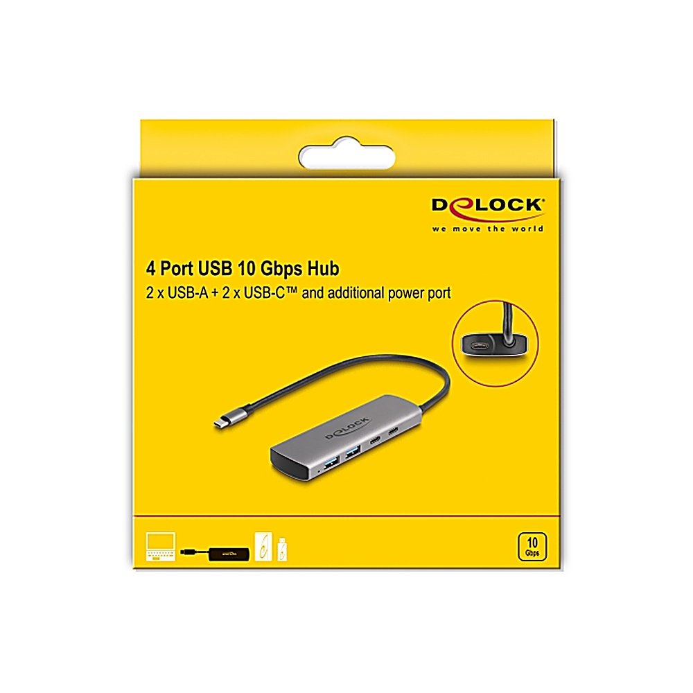 Scatola con hub USB. Il testo sulla scatola dice '4 Port USB 10 Gbps Hub'. L'hub è argentato con connettore USB-C.
