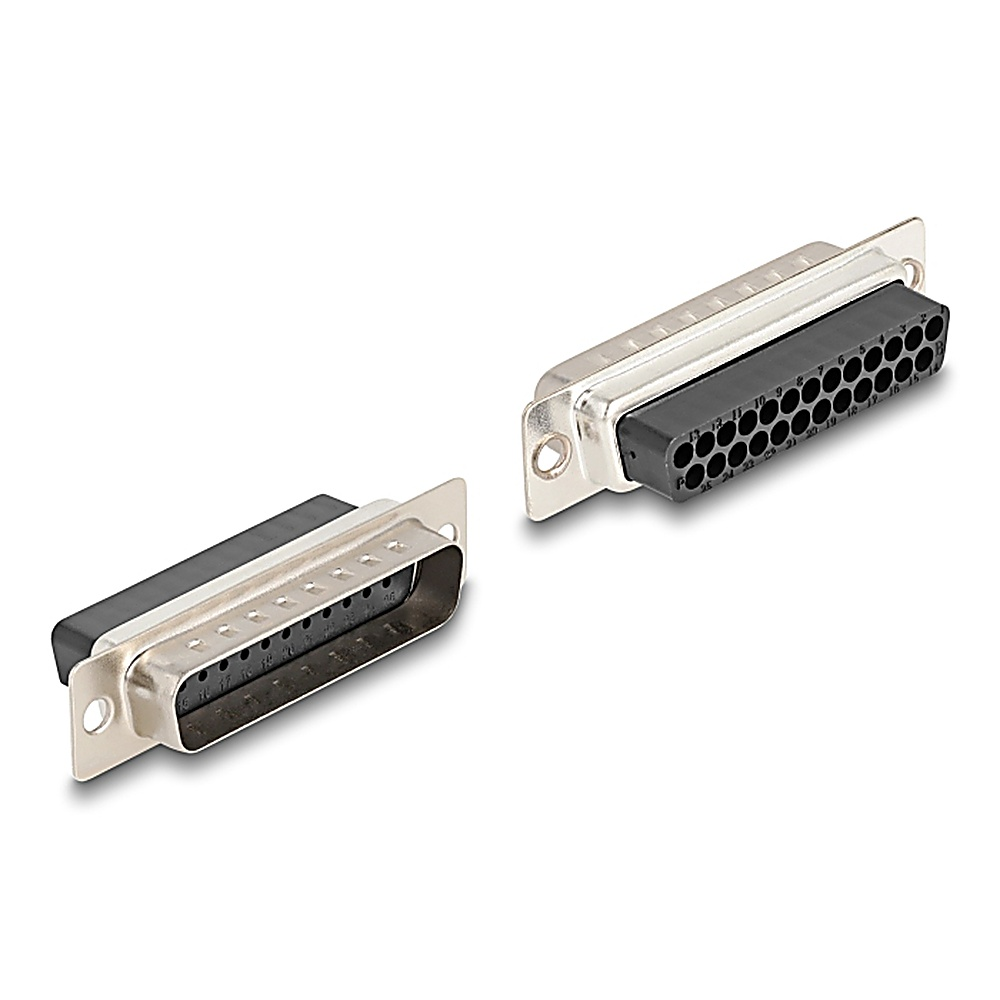 Due connettori D-sub argentati con inserti in plastica nera, uno con pin.