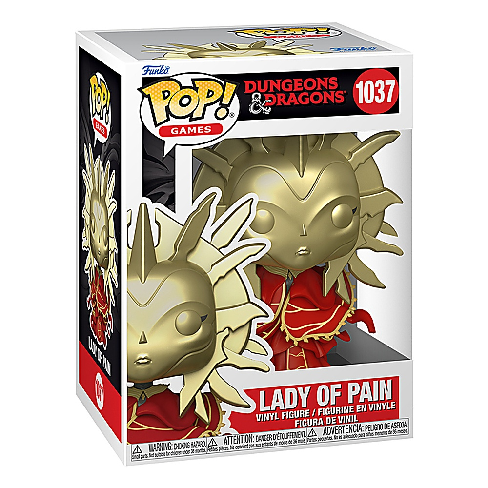 Pudełko Funko Pop. Figurka to złota Lady of Pain z Dungeons & Dragons. Białe tło.