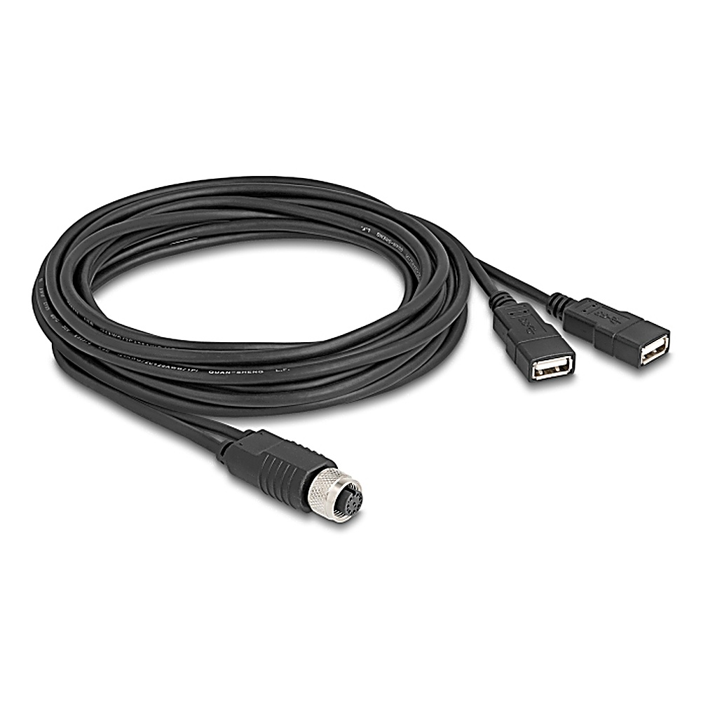 Cavo nero arrotolato con un connettore M12 e due USB.