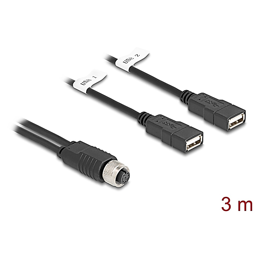 Cavo nero con un connettore DIN a 5 pin e due connettori USB. Sfondo bianco.