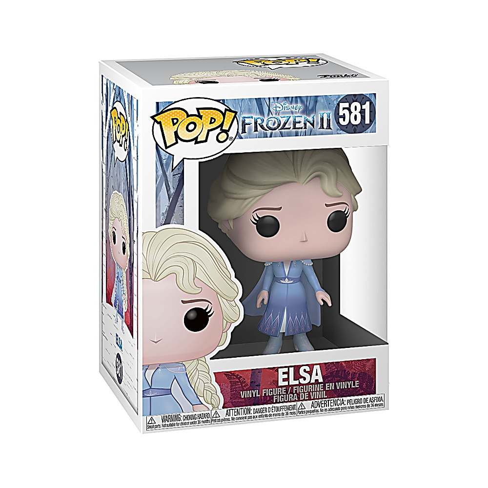 Scatola Funko Pop di Elsa. Capelli biondi, vestito blu e mantello. Sfondo bianco.