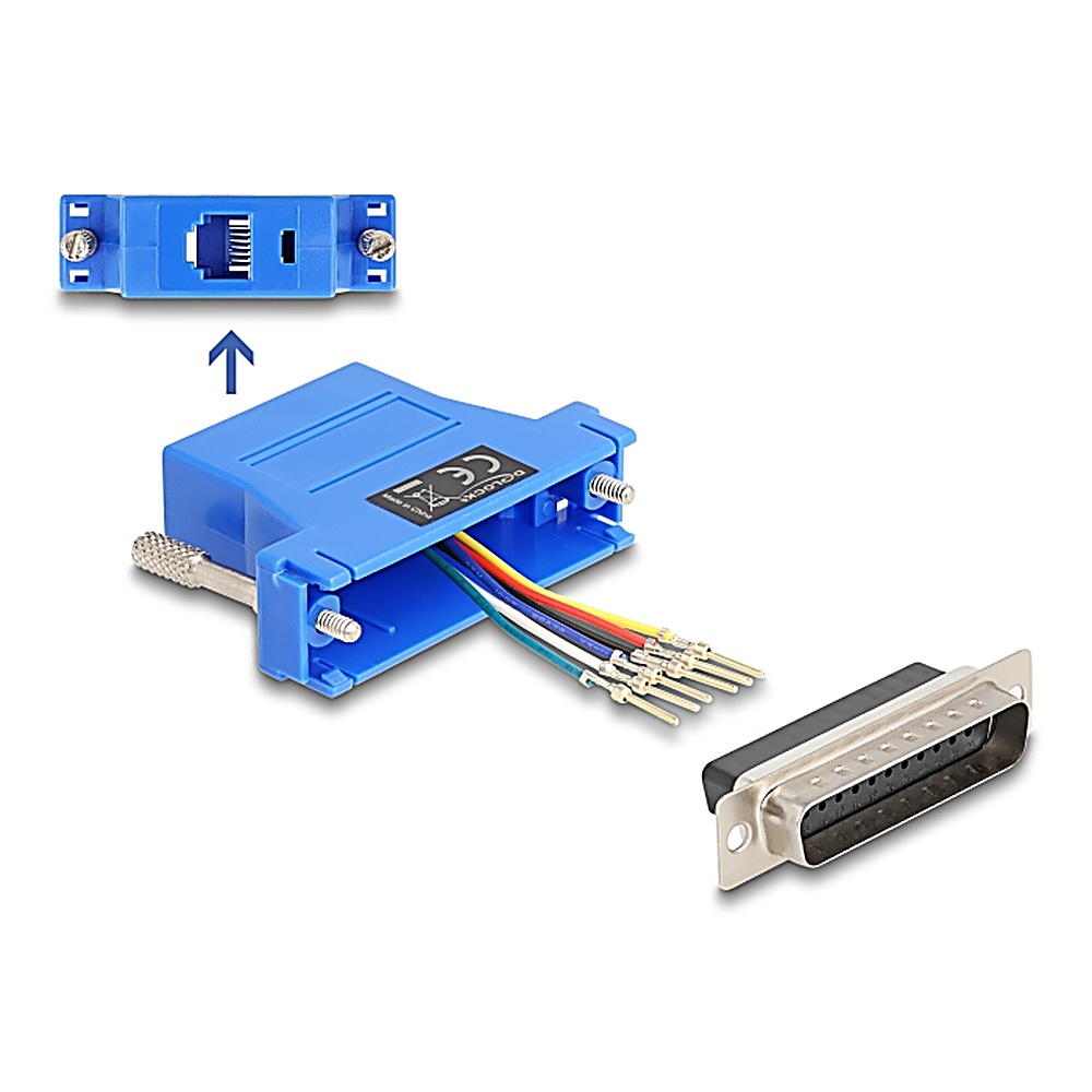 Connettore D-sub blu con fili. Sono presenti anche un connettore D-sub e un connettore RJ45.