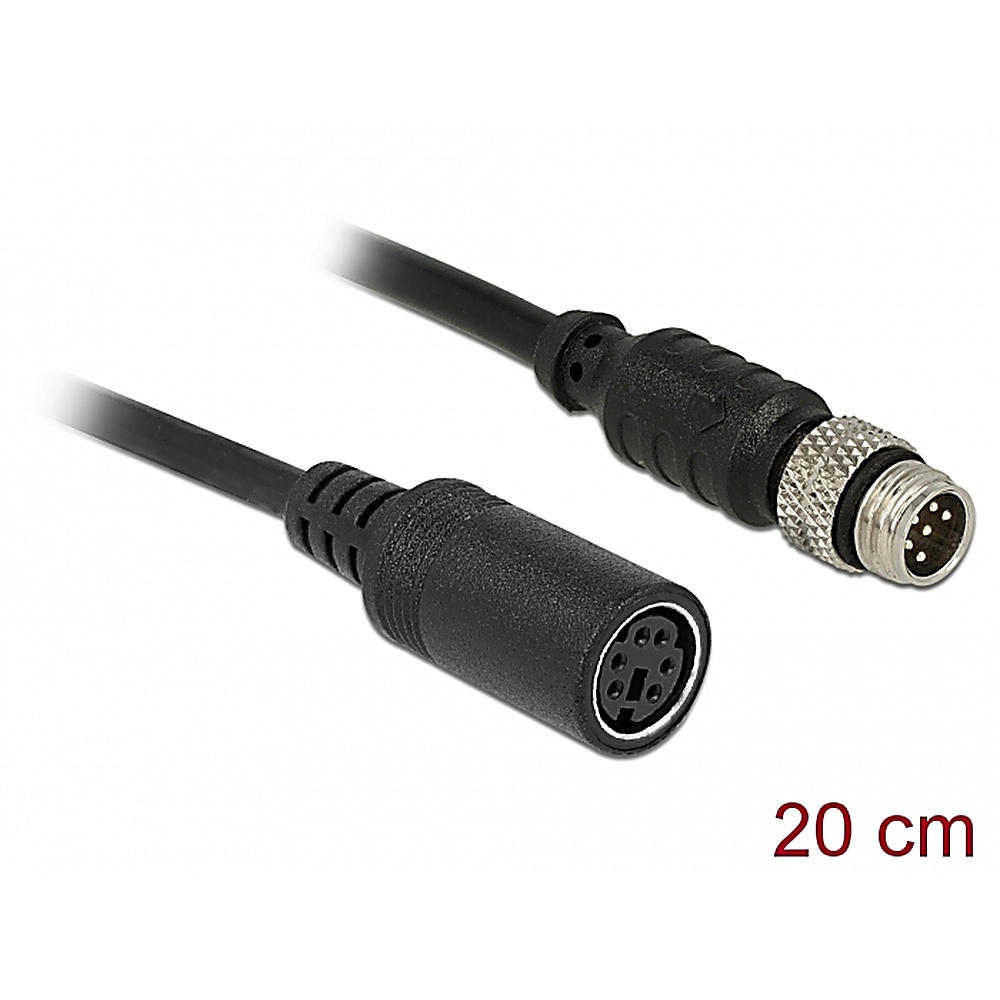 Cavo nero con un connettore DIN a 5 pin e un connettore femmina. Sfondo bianco.