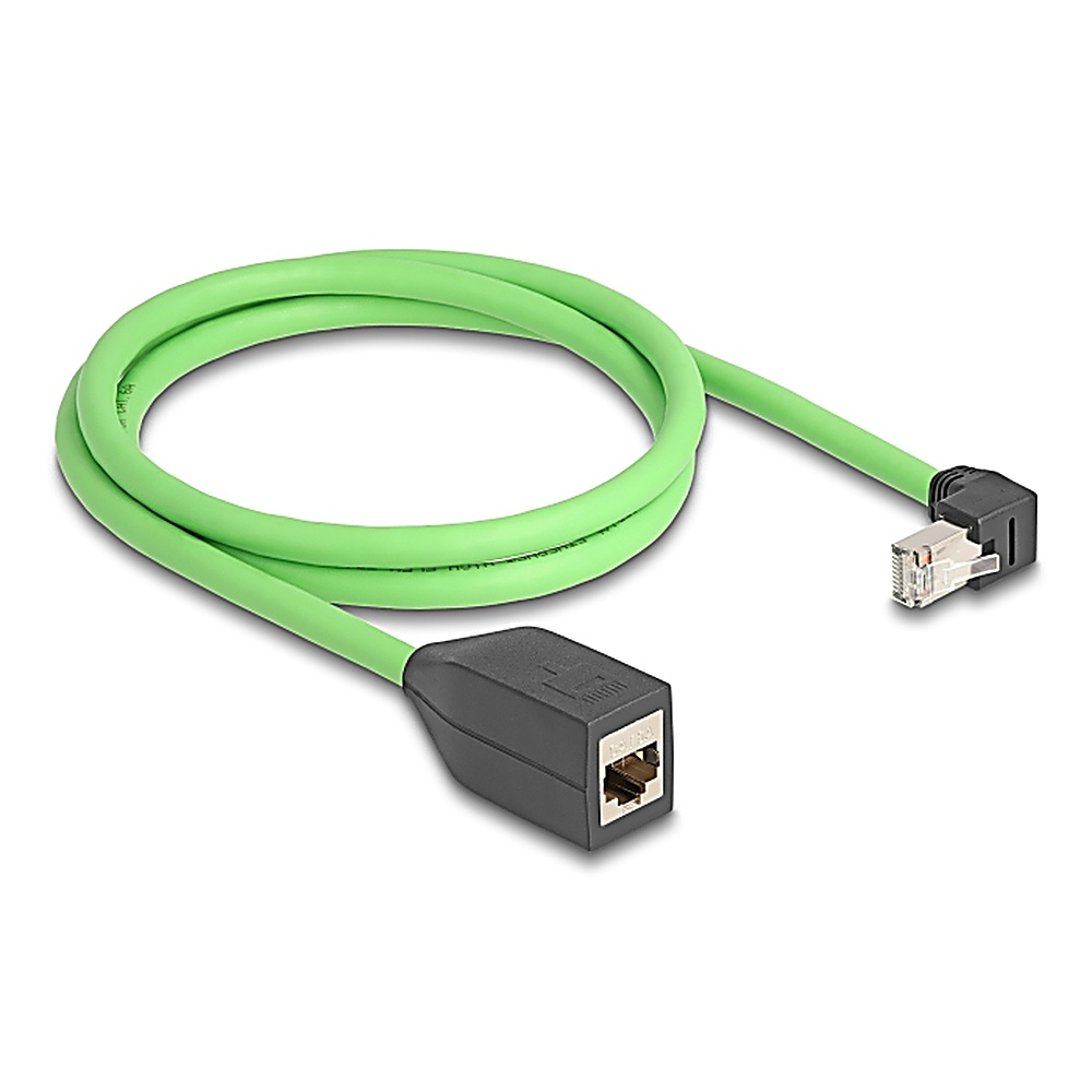 Cavo Ethernet verde con connettori RJ45. Sfondo bianco.