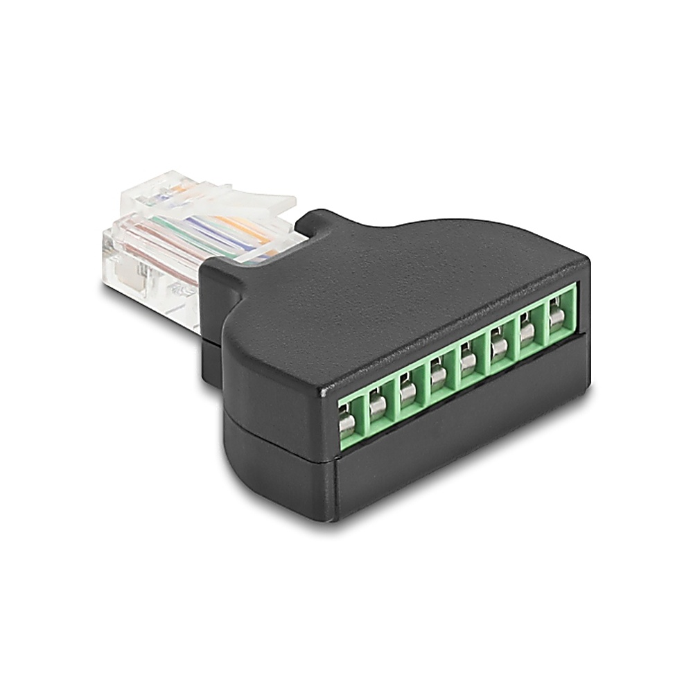 Adattatore nero con connettore RJ45 e morsetti verdi.
