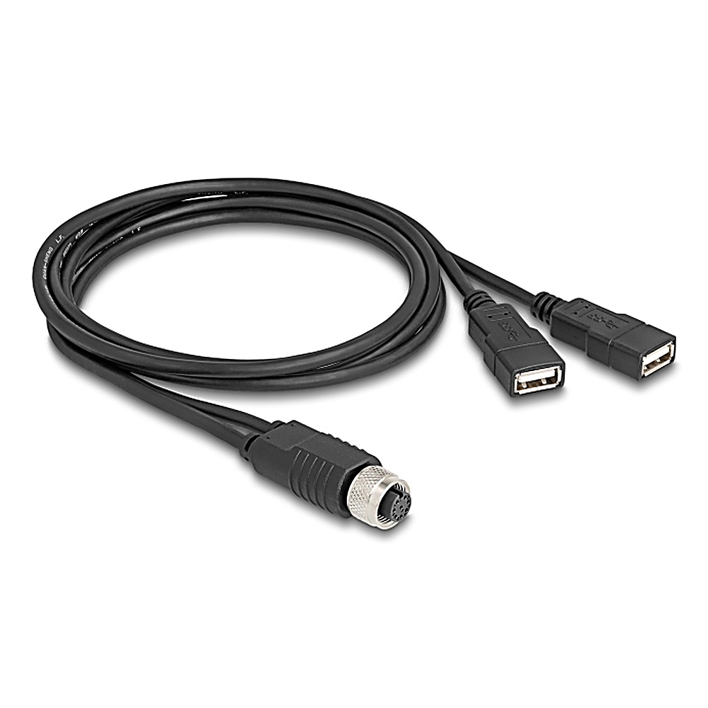 Cavo nero con un connettore e due connettori USB, sfondo bianco.