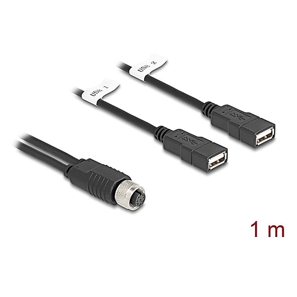 Tre cavi USB neri con etichette bianche. Un cavo ha un connettore a 8 pin. Testo '1 m' in basso.